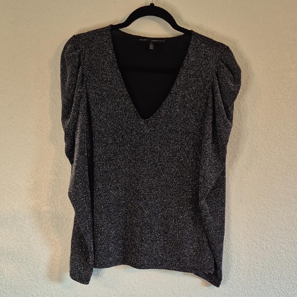 White House Black Market Sparkle Black V-Neck Blouse Sz Small